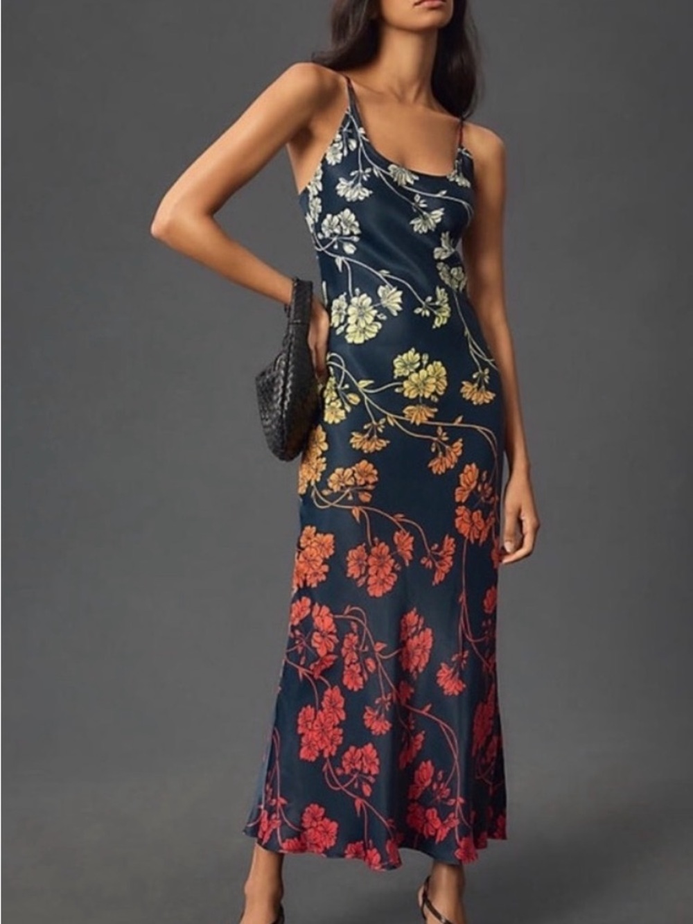 Floral Ombre Slip Midi Dress — Navy with Yellow & Red Floral